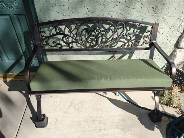 Custom bench cushion - square corners - set in boxed construction with Sunbrella Fern fabric, polyurethane foam with fiber batting, 2 ties at back corner