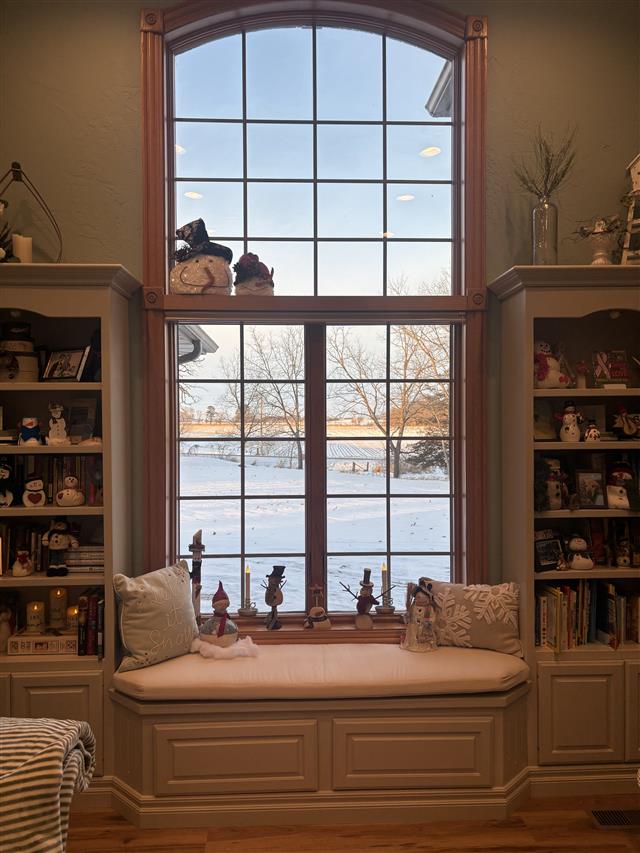 Custom bench cushion - square corners - set in boxed construction with Sunbrella Birds Eye fabric, polyurethane foam with fiber batting, no ties