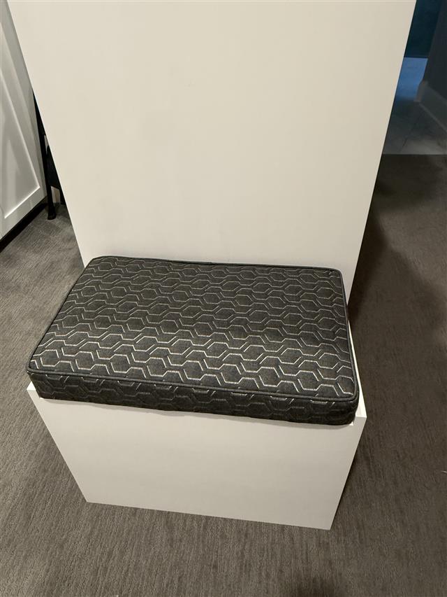 Custom bench cushion - square corners - set in boxed construction with Sunbrella Adaptation Stone fabric and Double Welt Cast Charcoal trimming, polyurethane foam with fiber batting, no ties