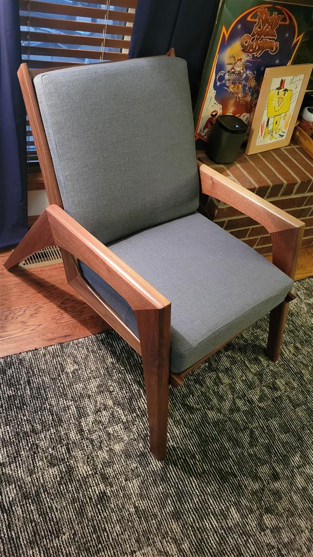 Custom deep seating chair cushion set in boxed construction with Sunbrella Piazza Denim fabric, polyurethane foam with fiber batting, ties at seat cushion's back corners, no ties on back cushion