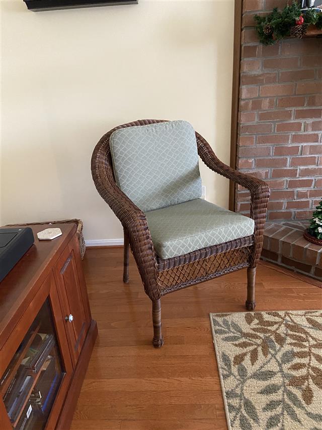 Customer Made Template both seat and back- made in boxed construction with Boston Fern fabric, no trim, polyurethane foam with fiber batting, 2 ties at back corners, the seat cushion is 3 inches thick and back cushion is 2 inches thick