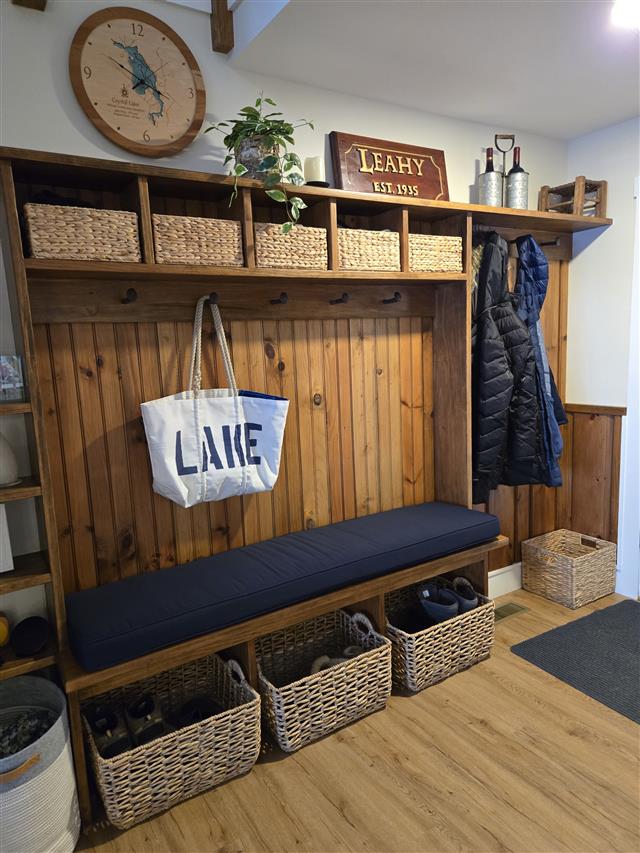 Custom bench cushions - square corners - set in boxed construction with Sunbrella Navy fabric and trimming, polyurethane foam with fiber batting, no ties