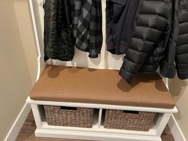 Custom bench cushion - square corners - set in boxed construction with Sunbrella Cast Teak fabric, polyurethane foam with fiber batting, no ties