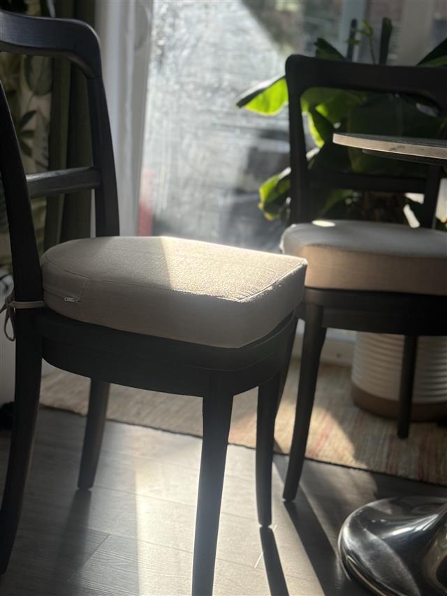 Custom seat cushions - rounded back - set in boxed construction with Sunbrella Flax fabric, polyurethane foam with fiber batting, 2 ties at back corners