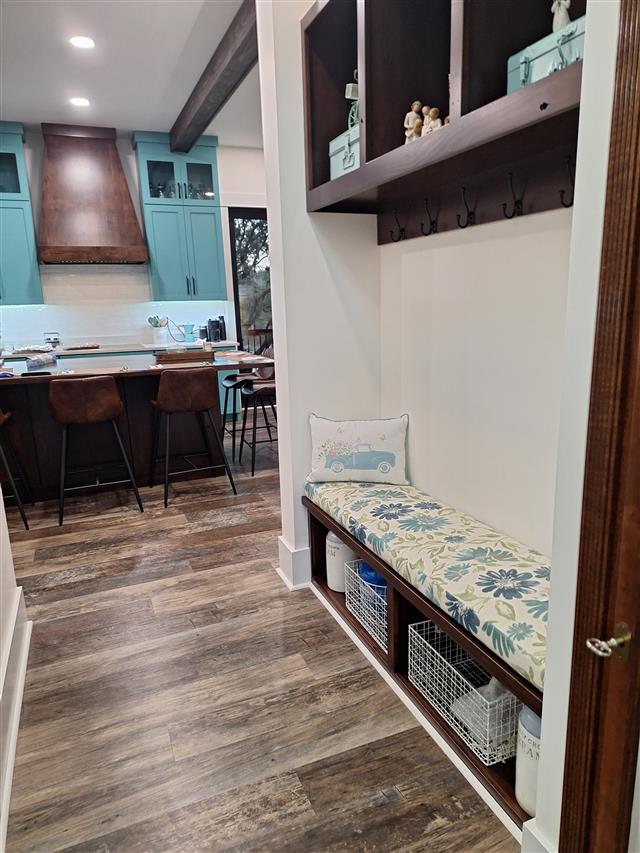 Custom bench cushion - square corners - set in boxed construction with Sunbrella Violetta Baltic fabric, polyurethane foam with fiber batting, no ties