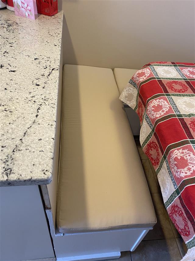 Custom bench cushions - square corners - set in boxed construction with Sunbrella Antique Beige fabric, polyurethane foam with fiber batting, no ties
