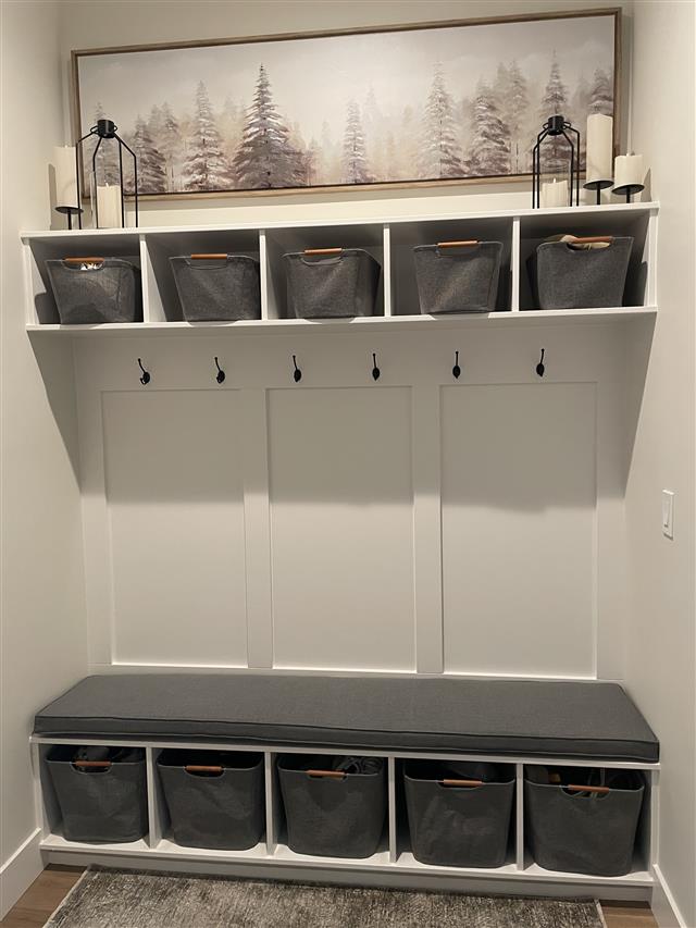 Custom bench cushion - square corners - set in boxed construction with Sunbrella Cast Slate fabric and trimming, polyurethane foam with fiber batting, no ties