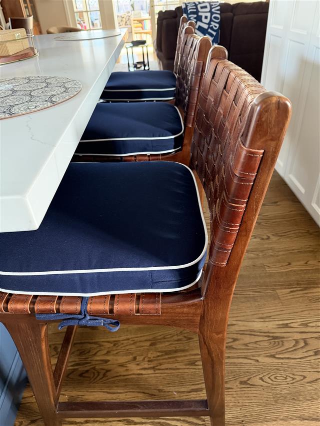 Custom seat cushions - rounded corners - slightly rounded corners - set in boxed construction with Sunbrella Navy fabric and Double Welt White trimming, polyurethane foam with fiber batting, 2 ties at sides