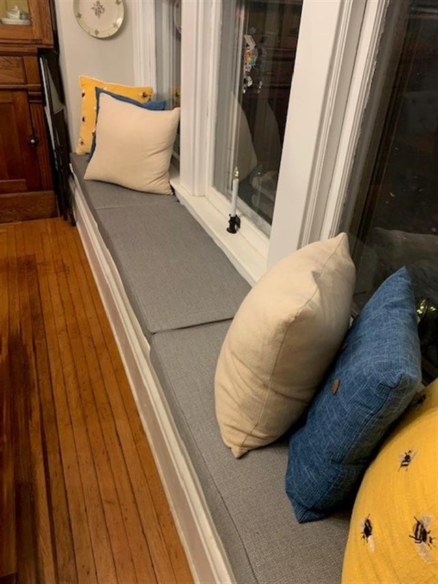 Custom bench cushions - square corners - set in boxed construction with Sunbrella Action Stone fabric and trimming, polyurethane foam with fiber batting, no ties