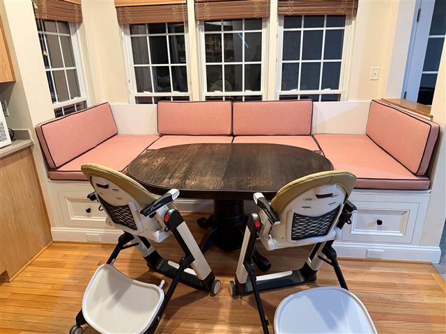 Custom deep seating chair cushions set in boxed construction with Sunbrella Remix Mesa fabric and Double Welt Pashmina Indigo trimming, polyurethane foam with fiber batting, no ties