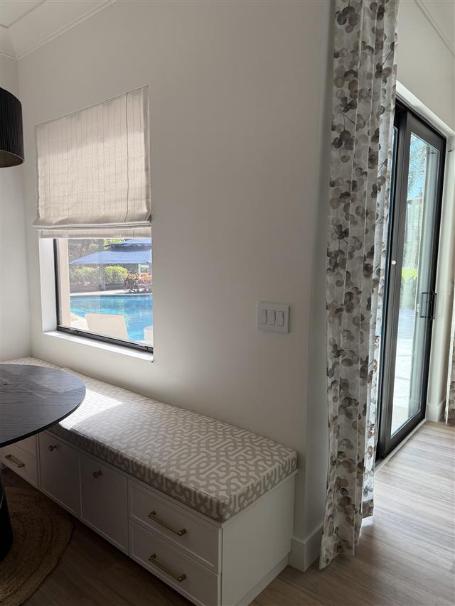 Custom bench cushions - square corners - set in boxed construction with Sunbrella Fretwork Pewter fabric, polyurethane foam with fiber batting, no ties