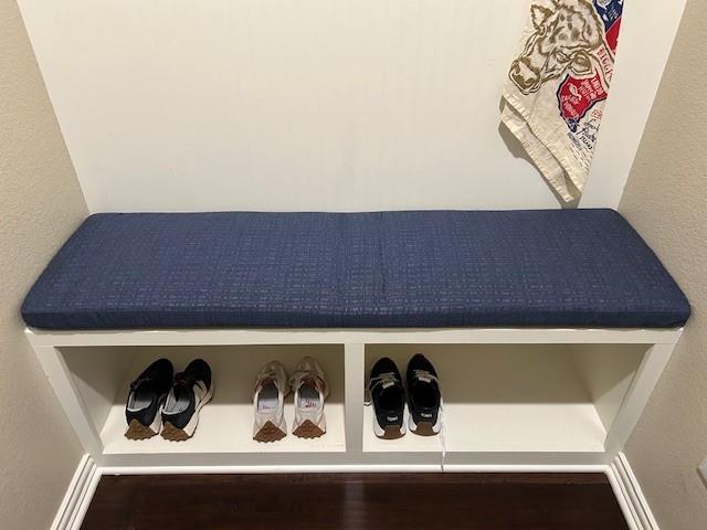 Custom bench cushion - square corners - set in boxed construction with Sunbrella Embrace Indigo fabric, polyurethane foam with fiber batting, no ties