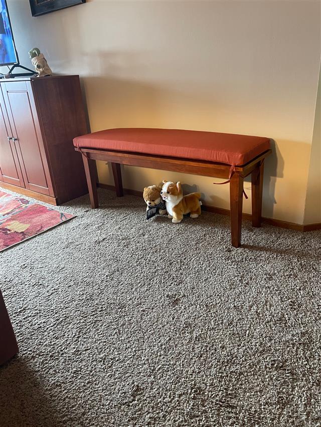 Custom bench cushion - square corners - set in boxed construction with Sunbrella Brick fabric, polyurethane foam with fiber batting, 4 ties at front and back