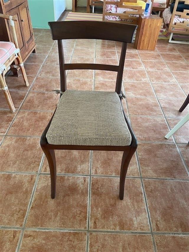 Custom trapezoid seat cushions set in boxed construction with Sunbrella Mainstreet Latte fabric, polyurethane foam with fiber batting, 2 ties at back corners Custom trapezoid seat cushions set in boxed construction with Sunbrella Mainstreet Latte fabric, polyurethane foam with fiber batting, 2 ties at back corners