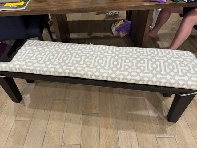 Custom bench cushions - square corners - set in waterfall construction with Sunbrella Fretwork Mist fabric and single welt Heritage Moss trimming, polyurethane foam with fiber batting, 4 ties at all corners
