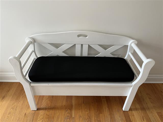 Custom bench cushion - slightly rounded corners - set in boxed construction with Sunbrella Black fabric, polyurethane foam with fiber batting, no ties Custom bench cushion - slightly rounded corners - set in boxed construction with Sunbrella Black fabric, polyurethane foam with fiber batting, no ties