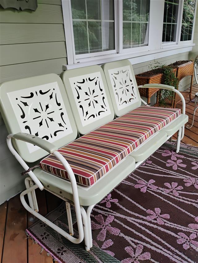 Custom bench cushions - square corners - set in boxed construction with Sunbrella Brannon Redwood fabric and double welt Flax trimming, polyurethane foam with fiber batting, 2 ties at back corners
