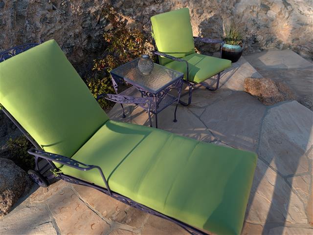 Custom chaise cushion - plain with square corners - set in waterfall construction with Sunbrella Ginkgo fabric, polyester fiber, ties at hinge and sides of back

Custom chair cushion - plain with square corners - set in waterfall construction with Sunbrella Ginkgo fabric, polyester fiber, ties at hinge and sides of back