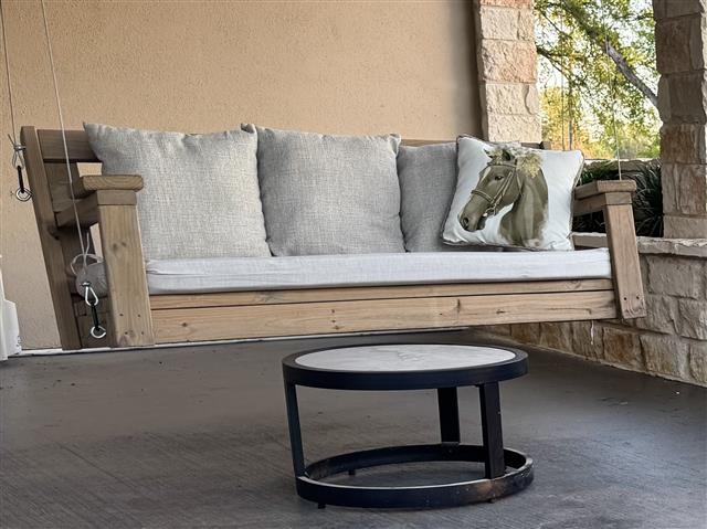 Custom bench cushion - rounded back corners - slightly rounded back corners set in waterfall construction with Sunbrella Cast Silver fabric, polyurethane foam with fiber batting, 2 ties at back corners