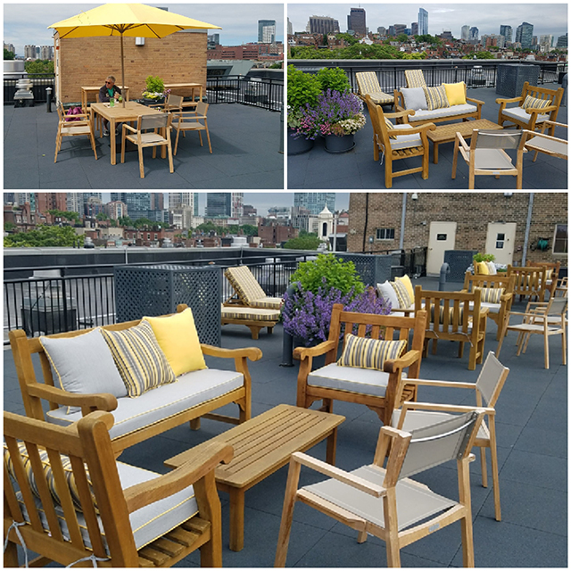 All cushions are made in boxed construction.  Bench, Seat cushions and 3 pillows are made with Sunbrella Granite with Sunbrella Buttercup trim.  Chaise and 9 pillows are made with Sunbrella Foster Metallic with Buttercup trim.  3 pillows are made with  Sunbrella Buttercup with Granite trim.