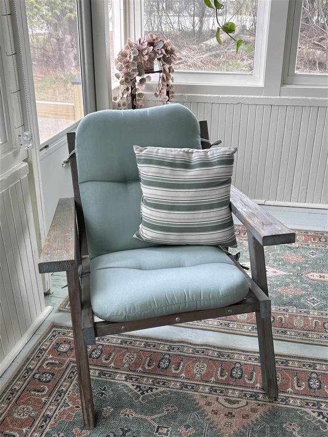 1 custom seat cushion - slightly rounded back corners - set in waterfall construction with Sunbrella Spa fabric, polyester fiber filling, no ties

1 custom throw pillow, Sunbrella Spa fabric, polyester fiber filling

2 custom chair cushions - tufted with rounded corners - set in waterfall construction with Sunbrella Spa fabric, polyester fiber billing, ties at hinge and side of back
