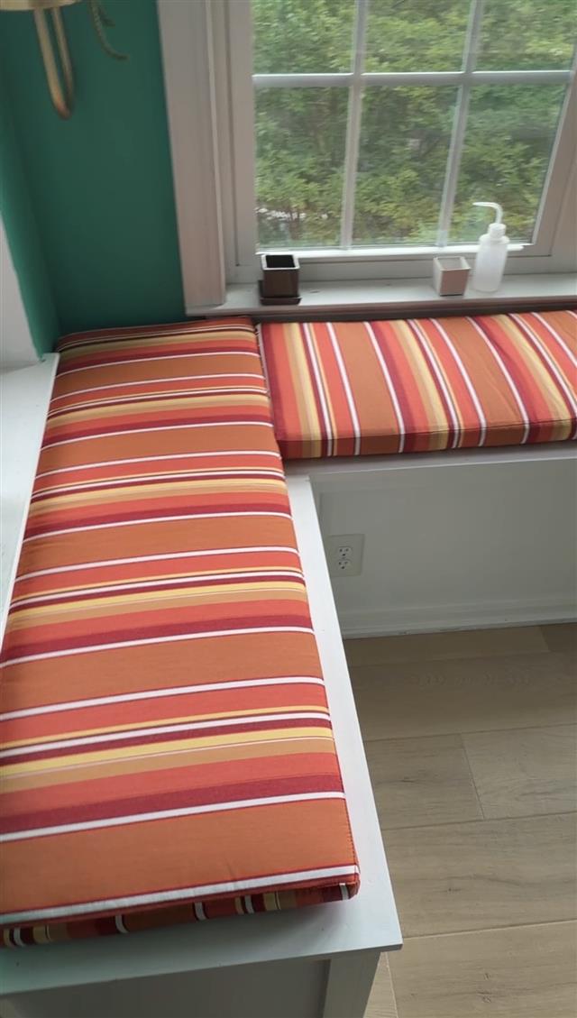Custom bench cushions - square corners - set in boxed construction with Sunbrella Dolce Mango fabric, polyurethane foam with fiber batting, no ties