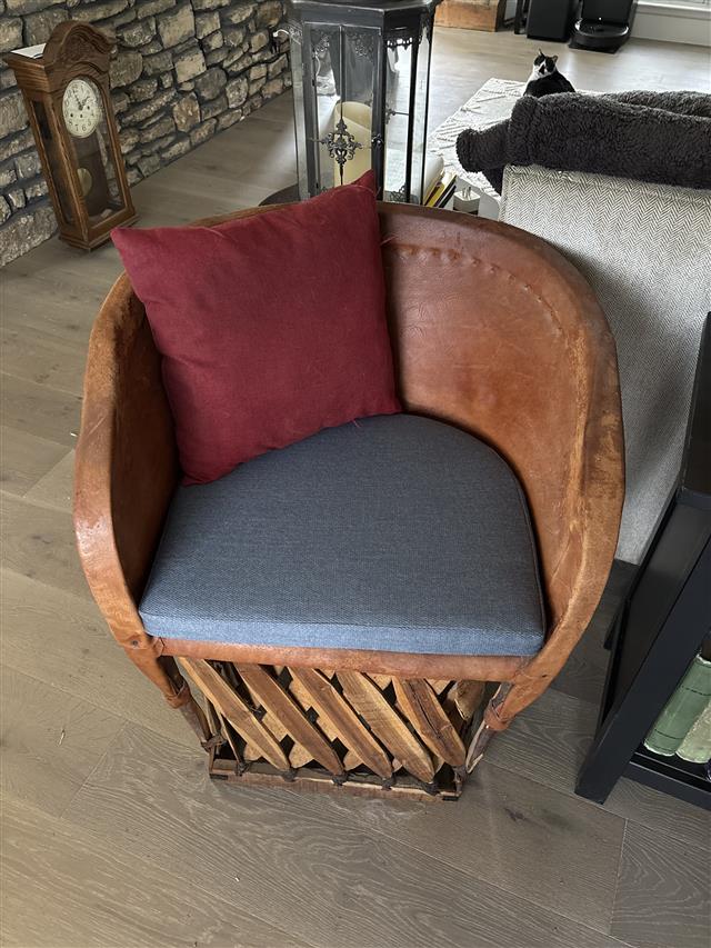 Custom seat cushions - rounded back - set in boxed construction with Sunbrella Pique Denim fabric, polyurethane foam with fiber batting, no ties