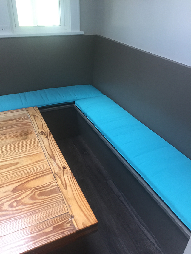 2 waterfall bench cushions in Aruba fabric