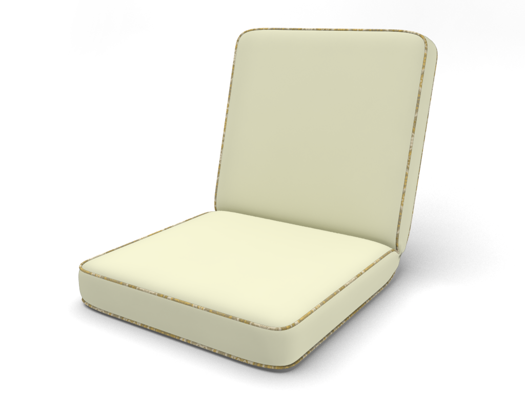 Hinged adirondack chair cushion in Sunbrella Natural fabric and trimmed using Sunbrella Aura Honey
