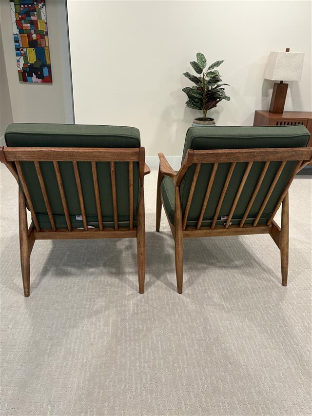 2 custom deep seating chair cushions set in boxed construction with Sunbrella Fern fabric and trimming, polyurethane foam with fiber batting, no ties