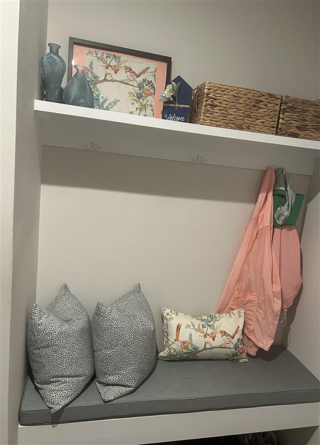 1 custom bench cushion - square corners - set in boxed construction with Sunbrella Cast Mist fabric and trimming, polyurethane foam with fiber batting, no ties