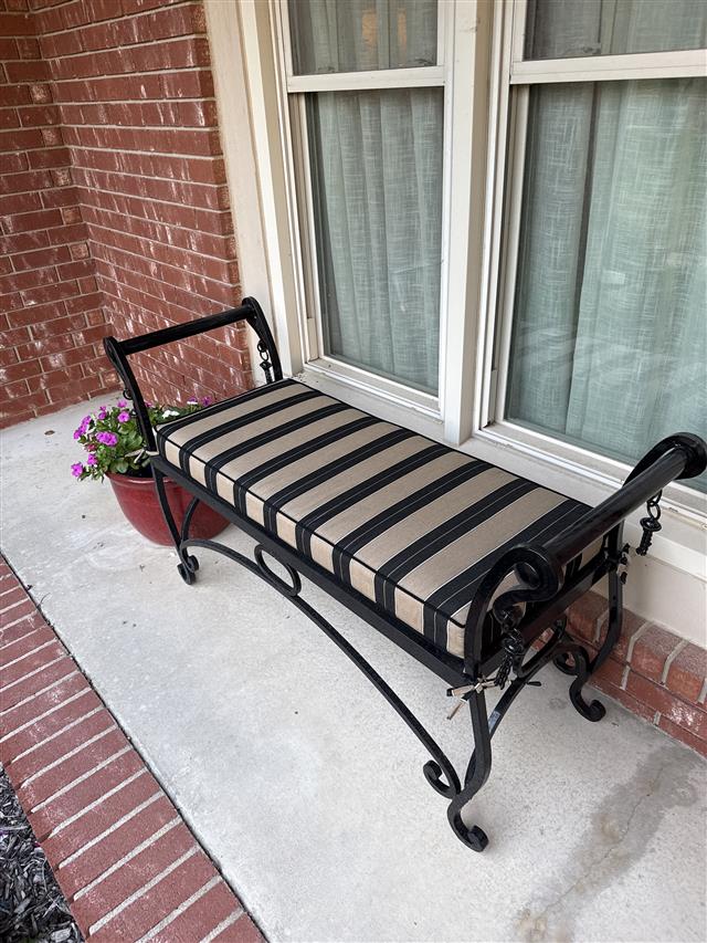 Custom bench cushion - square corners - set in boxed construction with Sunbrella Berenson Tuxedo fabric, Double Welt Raven Black trimming, polyurethane foam with fiber batting, 4 ties at all corners