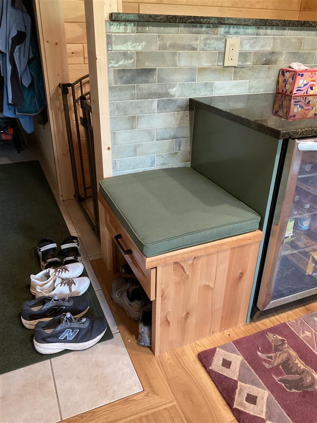 Custom bench cushion - square corners - set in boxed construction with Sunbrella Fern fabric and trimming, polyurethane foam with fiber batting, no ties