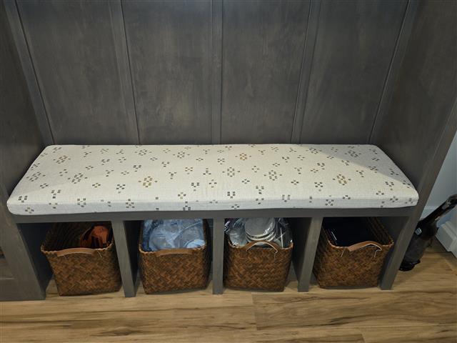 Custom bench cushion - square corners - set in boxed construction with Sunbrella Renew Mist fabric, polyurethane foam with fiber batting, no ties Custom bench cushion - square corners - set in boxed construction with Sunbrella Renew Mist fabric, polyurethane foam with fiber batting, no ties